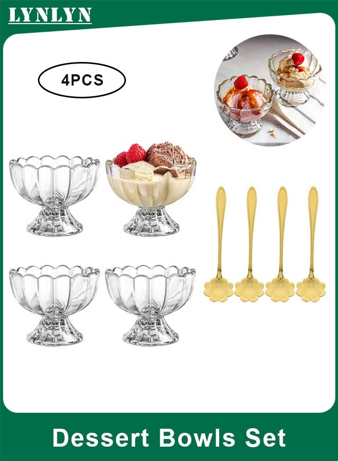 LYNLYN 4PCS Glass Dessert Bowls Set, 200ml Clear Ice Cream Cups with Flower Spoons, Elegant Glass Bowls for Sundae, Fruit, Salad, Snack and Party Serving - Image 1